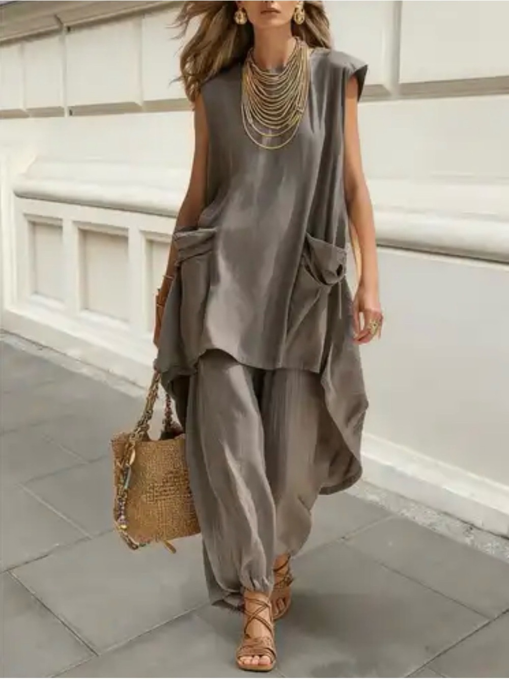 Relaxed Sleeveless Tunic & Harem Pants Set - Taupe Olive Brown M NEW
